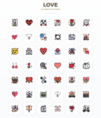 LineFill dizaynında 42 'ye 128x128 vektör ikonlarından oluşan küratörlü paket, PIXEL kusursuz berraklığa sahip Love kavramları etrafında kuruludur..