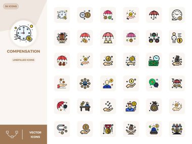 Tazminat için 36 Satır doldurulmuş vektör simgelerinden oluşan sofistike paket, profesyonel uygulamalar için 128x128 PIXEL mükemmel berraklığı ile tasarlandı.