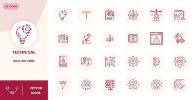 Yenilikçi kullanıcı arayüzleri için 128x128 PIXEL kusursuz berraklığa sahip Bold Line tasarımı sergilenen, Teknik ve kalın çizgi temalı 24 vektör simgesinden oluşan gelecek hazır paket.
