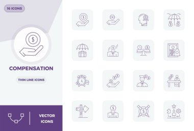 Telafi teması etrafında 16 vektör simgesinden oluşan tam paket, modern arayüzler için mükemmel kalite 128x128 PIXEL içerisinde ince çizgi tasarımı sergileniyor.