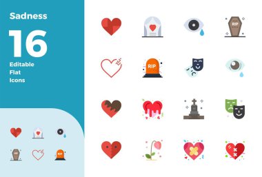 Bu 16 yassı vektör simgesi seti, 128x128 PIXEL 'de Üzüntü temalarını yakalar. Mükemmel kalite, teknoloji ve iş uygulamaları için mükemmeldir..