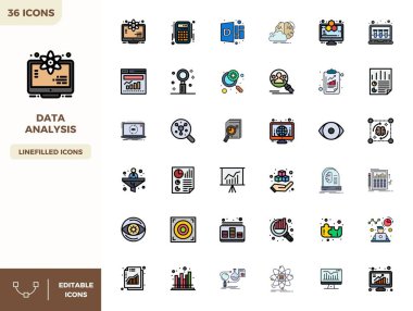 Veri Analizi etrafında 36 vektör simgesinden oluşan yenilikçi paket, modern dijital çözümler için 128x128 PIXEL mükemmel biçiminde Düz Çizgi Renk tasarımı sergileniyor.
