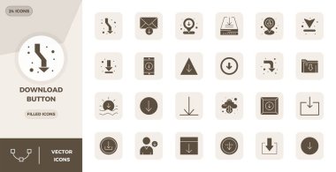 İndirme düğmesi için 24 Glyph Dolu PIXEL mükemmel vektör simgesi koleksiyonu, netlik ve çok yönlülük için 128x128 biçiminde dizayn edildi.