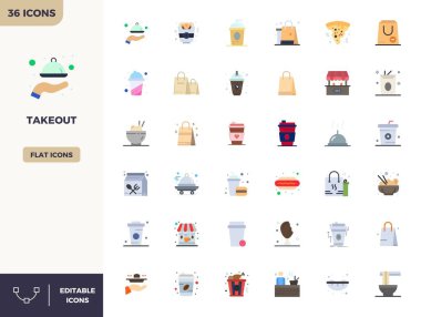 Takeout için 36 Düz Renk vektör simgesinden oluşan kaliteli koleksiyon, 128x128 PIXEL mükemmel çözünürlükte tasarlanmıştır..