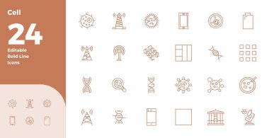 Hücre etrafında 24 vektör simgesinden oluşan geleceğe hazır paket, 128x128 PIXEL yenilikçi kullanıcı arayüzleri için mükemmel berraklığa sahip Kalın Çizgi tasarımı sergileniyor.