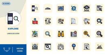 Olağanüstü bir görsel kalite için 128x128 PIXEL mükemmel çözünürlüğe sahip, Lineal Düz Tasarım Keşfi 'ni temsil eden 24 vektör simgesi ustaca oluşturuldu.