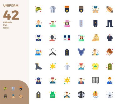 Flat 'te 42 vektör simgesinden oluşan dinamik bir set, 128x128 PIXEL dijital ürünler için mükemmel kalitede üniforma ile donatılmış..