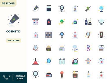 Düz Renk estetiği ile kozmetik temsil eden 36 vektör ikonunun nihai koleksiyonu, 128x128 PIXEL en yüksek etki için mükemmel çözünürlükle optimize edilmiştir.