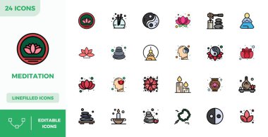 Meditasyonu temsil eden 24 Düz Çizgili Renk vektör simgesinden oluşan temiz bir koleksiyon, modern gösterge panelleri ve arayüzler için 128x128 PIXEL mükemmel biçimi.