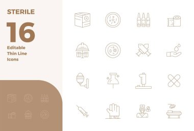 Steril için 16 İnce Çizgi vektör simgesinden oluşan istisnai bir koleksiyon, 128x128 PIXEL mükemmel çözünürlük ve benzersiz görsel mükemmellik için.