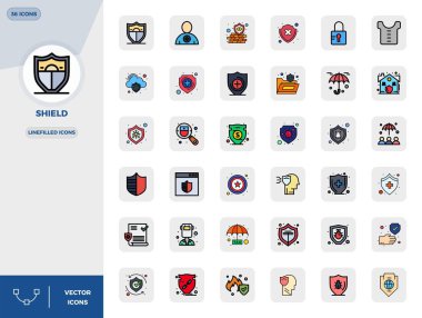 36 Satır İçi Dolu PIXEL mükemmel vektör simgelerinin kilidini aç, Kalkan 'dan esinlenilmiş, tüm aygıtlar boyunca kusursuz görüntü için 128x128 biçiminde optimize edilmiş.