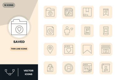 Kaydedilmiş olan 16 Slim Line vektör simgesi ile projelerinizi geliştirin, 128x128 PIXEL kusursuz çözünürlük temiz ve profesyonel tasarımlar için idealdir.