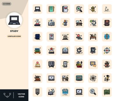 Çalışma için 42 Satır İçi Dolu PIXEL mükemmel vektör simgeleri koleksiyonu, 128x128 biçiminde netlik ve çok yönlülük için tasarlandı.