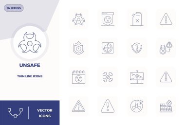 Güvenli Olmayan 'ı temsil eden 16 İnce Çizgi vektör simgesinden oluşan profesyonel sınıf koleksiyon, 128x128 PIXEL mükemmel bir hassasiyetle tasarlandı..