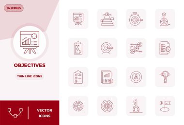 Hedefleri temsil eden 16 ince çizgi vektör simgesinden oluşan profesyonel sınıf koleksiyon, 128x128 PIXEL mükemmel bir hassasiyetle tasarlandı..