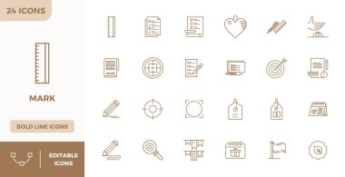 Bu koleksiyon, dijital tasarım için 128x128 biçiminde optimize edilmiş, Mark temasına uygun 24 Heavy Line PIXEL mükemmel vektör simgesi içerir..