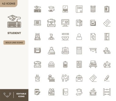 Öğrenci için 42 Heavy Line vektör simgesinin yüksek performanslı koleksiyonu, 128x128 PIXEL ideal kullanıcı arayüzü tasarımı için tasarlandı.