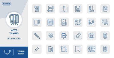 Not Alma temalı 24 Kalın Satır PIXEL mükemmel vektör simgesi seti, uygulamalar ve web sitelerinde kusursuz entegrasyon için 128x128 çözünürlükte hazırlanmıştır.