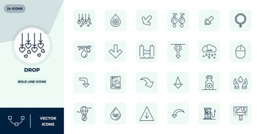 Drop üzerine odaklanmış 24 Bold Line PIXEL mükemmel vektör simgelerinden oluşan çok yönlü bir set, mobil ve web uygulamaları için ideal Crisp 128x128 biçiminde iletilir.