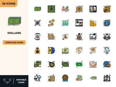 Düz Çizgi Rengi ile tasarlanmış ve çağdaş tasarım için mükemmel hassasiyete sahip 36 vektör simgesi Dolarlar etrafında tasarlanmıştır..