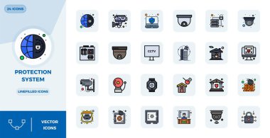 Koruma Sistemi etrafında 24 vektör simgesinden oluşan geleceğe hazır paket, 128x128 PIXEL yenilikçi kullanıcı arayüzleri için mükemmel berraklığa sahip Satır Doldurulmuş tasarım sergileniyor.