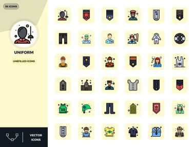 Üniforma için 36 Çizgi Dolu vektör simgesinin yüksek performanslı koleksiyonu, 128x128 PIXEL ideal kullanıcı arayüzü tasarımı için mükemmel çözünürlükte tasarlandı.