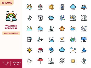 En iyi performans ve ölçeklenebilirlik için boyutu 128x128 olan Düz Çizgi Renk biçiminde 36 PIXEL hava tahminleri için mükemmel vektör simgeleri.