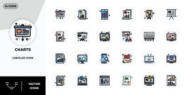 Grafikler etrafında 24 vektör simgesinden oluşan tam paket, 128x128 PIXEL modern arayüzler için mükemmel kalitede Satır Doldurulmuş tasarım sergileniyor.