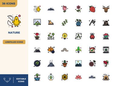 Doğa için 36 Düz Çizgili Renk vektör simgesinin özel koleksiyonu, 128x128 PIXEL ile geliştirilmiş premium marka deneyimleri için mükemmel çözünürlük.