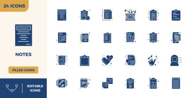 128x128 PIXEL modern tasarım gereksinimleri için mükemmel hassasiyetle doldurulmuş Notlar etrafında tasarlanmış 24 vektör simgesi.