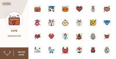 Sevimli için 24 Satır İçi Dolu PIXEL mükemmel vektör simgelerinden oluşan endüstri öncülüğünde paket, ideal biçimlendirme ve kullanıcı arayüzü mükemmelliği için 128x128 boyutunda.