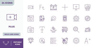 PIXEL kusursuz kullanıcı deneyimleri için 128x128 PIXEL mükemmel çözünürlüğe sahip, Heavy Line estetik olarak Plus için 24 vektör simgesi.