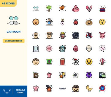Tasarımlarınızı çizgi film etrafında temalı 42 Düz Çizgi Renk vektör simgesi ile değiştirin, 128x128 PIXEL azami netlik için mükemmel çözünürlükte tasarlandı.