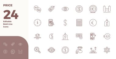 Fiyat için özenle düzenlenmiş 24 Kalın Çizgi vektör simgesi, tutarlı marka temsili ve kullanıcı deneyimi için 128x128 PIXEL mükemmel çözünürlüğe sahiptir.