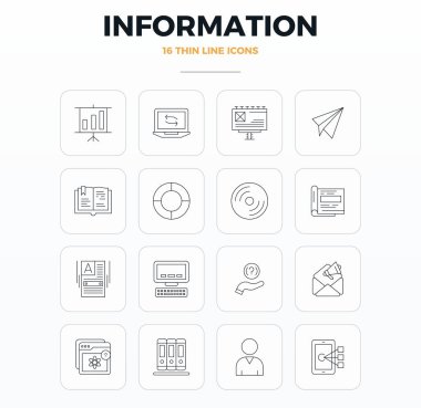 Bilgi teması için tasarlanmış ve modern UI / UX projeleri için ideal 128x128 PIXEL mükemmel tasarımlı 16 adet ince ana hatlı vektör simgesi keşfedin.