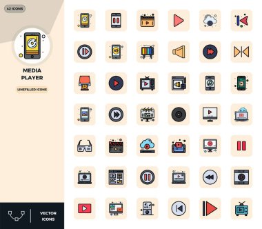 Profesyonel olarak Çizgi Doldurulmuş 42 vektör simgesi tasarlandı, 128x128 PIXEL UI tasarımı için mükemmel hassasiyetle Media Player 'ın özünü yakaladı.