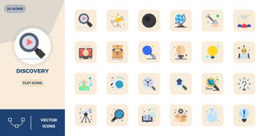 Bu koleksiyon, dijital tasarım için 128x128 biçiminde optimize edilmiş, Discovery temasına uygun 24 Düz PIXEL mükemmel vektör simgesi içerir..