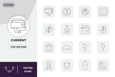 Akım etrafında temalı 16 vektör simgesinden oluşan kapsamlı araç gereç kiti, İnce Hat 'ta 128x128 PIXEL mükemmel bir hassasiyetle çok yönlü tasarım uygulamaları için geliştirilmiştir.