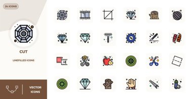 24 Satır Doldurulmuş PIXEL mükemmel simgelere sahip vektör paketi Kes 'den esinlenerek, ölçeklenebilir ve yaratıcı tasarım için ideal 128x128 çözünürlükte sunulmuştur.