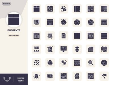 Elementler için 36 doldurulmuş vektör simgesinden oluşan el yapımı koleksiyon, 128x128 PIXEL mükemmel çözünürlükte optimum dijital deneyimler için.