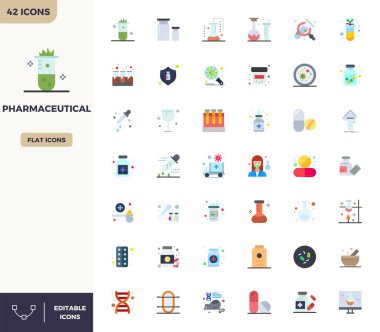 Profesyonel olarak Düz Renk 'te 42 vektör simgesi tasarlandı, Eczacılık' ın özünü yakalıyor ve UI tasarımı için mükemmel bir hassasiyetle 128x128 PIXEL üretiyor..