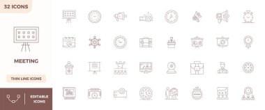 Buluşma için hassas tasarlanmış 32 Minimal Line vektör simgesi, 128x128 PIXEL olağanüstü açıklık ve ölçeklenebilirlik için mükemmel çözünürlükte dizayn edildi.
