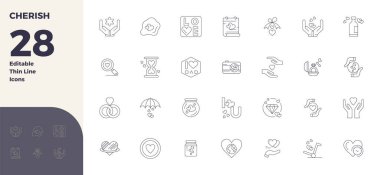 Cherish 'i temsil eden 28 ince çizgi vektör simgesinden oluşan temiz bir koleksiyon, 128x128 PIXEL modern gösterge panelleri ve arayüzler için mükemmel formatta dizayn edildi.