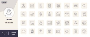 Bu Sanal vektör simgesi paketi 128x128 PIXEL mükemmel formatta 32 İnce Çizgi tasarımını içerir, dijital arayüzleri geliştirmek için mükemmeldir.