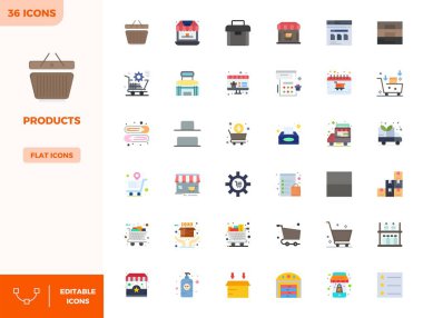 Düz Renkli Estetik Ürünleri temsil eden 36 vektör ikonunun nihai koleksiyonu, 128x128 PIXEL ile optimize edilmiş azami etki için mükemmel çözünürlük.