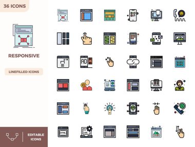 PIXEL kusursuz 128x128 çözünürlük profesyonel ve yaratıcı projeler için uygun, Tepkili için tasarlanmış 36 ölçeklenebilir Düz Çizgili Renk vektör simgesi indir.