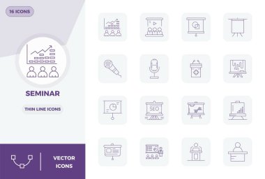 Bu koleksiyonda, dijital tasarım için 128x128 biçiminde optimize edilmiş, Seminer temasına uygun 16 Slim Line PIXEL mükemmel vektör simgesi yer almaktadır..