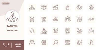 Karnavalı temsil eden 24 Kalın Çizgi vektör simgesinden oluşan temiz bir koleksiyon, 128x128 PIXEL modern gösterge panelleri ve arayüzler için mükemmel format.