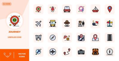 Profesyonel olarak Lineal Doldurulmuş Düz Çizgi 'de 24 vektör simgesi tasarlandı. Seyahat' in özünü UI tasarımı için mükemmel bir hassasiyetle yakalıyor..