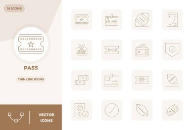 İnce Hat tasarımında Geçidi temsil eden 16 vektör simgesi oluşturuldu, 128x128 PIXEL olağanüstü görsel kalite için mükemmel çözünürlük.